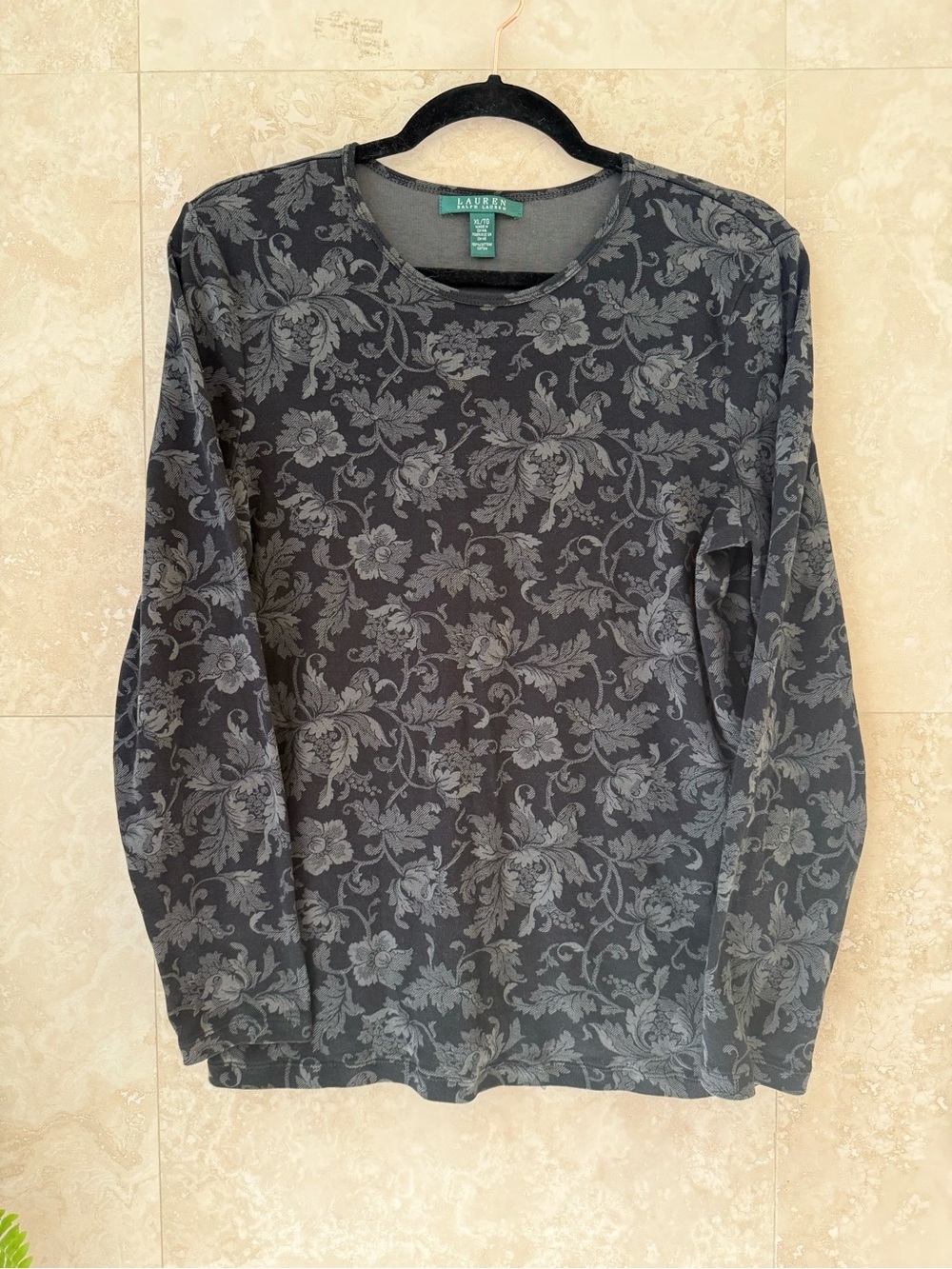 Lauren Ralph Lauren Gray Floral Toile Long Sleeve Top XL EUC